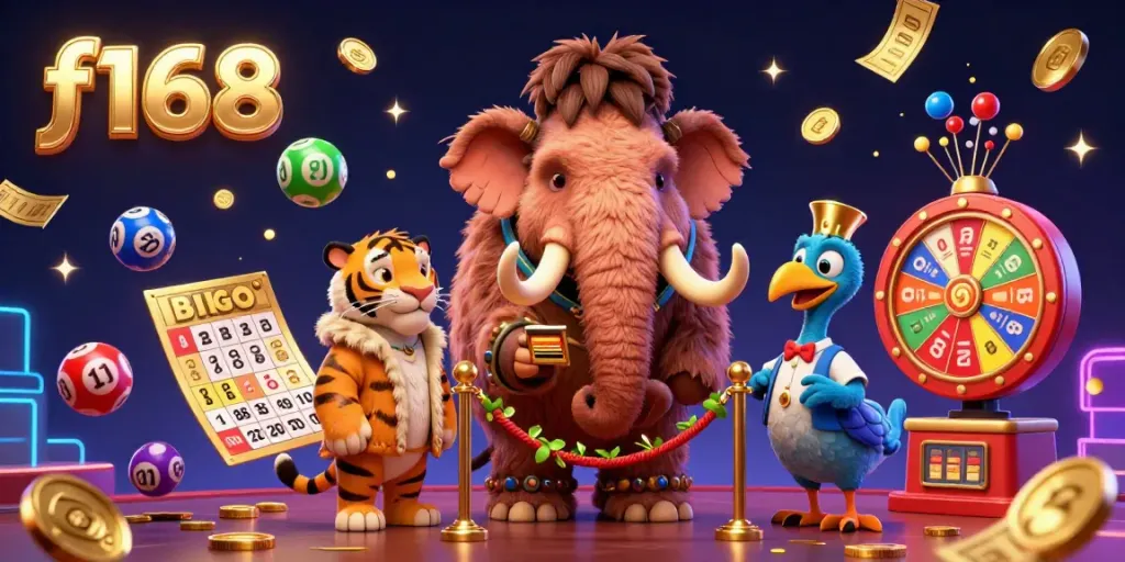 Experience the vibrant F168 casino scene with a woolly mammoth bouncer and colorful lottery elements.