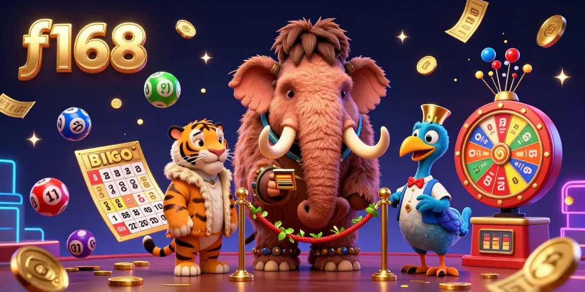Experience the vibrant F168 casino scene with a woolly mammoth bouncer and colorful lottery elements.