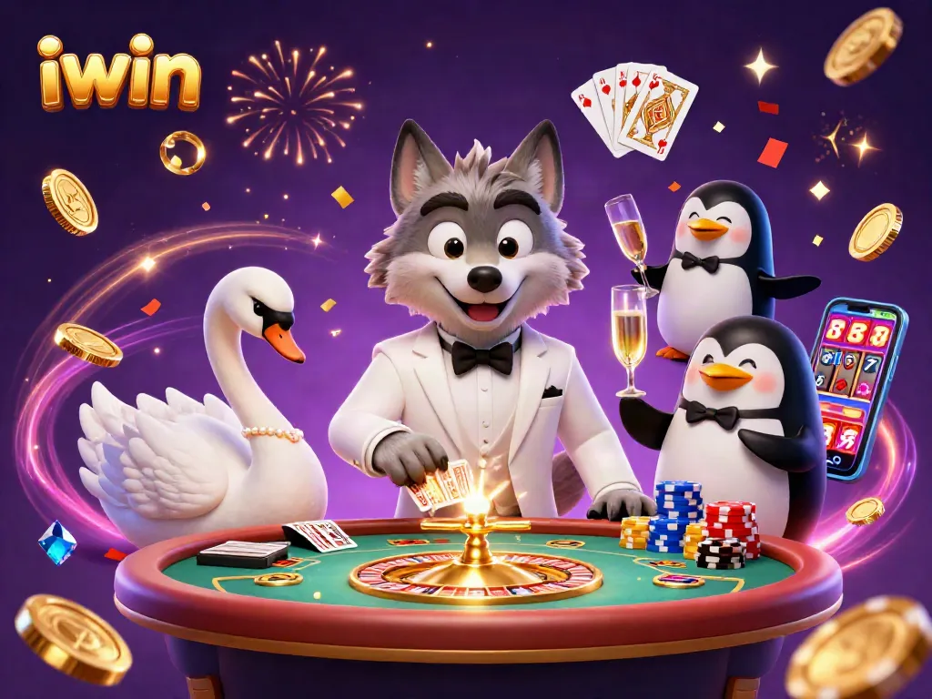 Experience thrilling wins at iwin with a debonair wolf, elegant swan, and sophisticated penguin at a vibrant baccarat table.