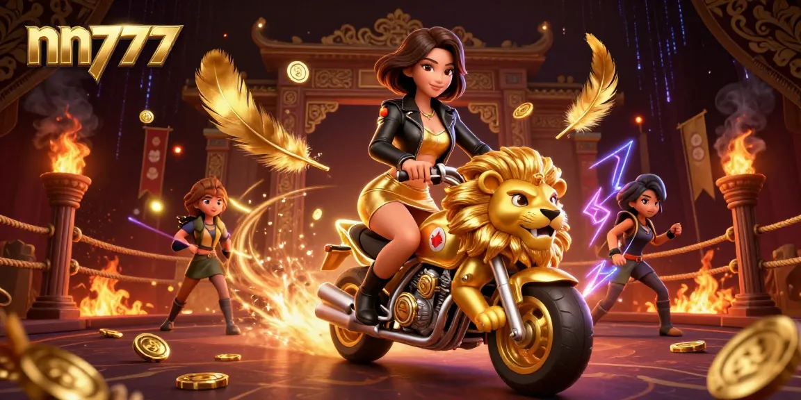 Experience thrilling gaming at nn777 with a glamorous Asian woman riding a golden lion amid poker chips and flames.