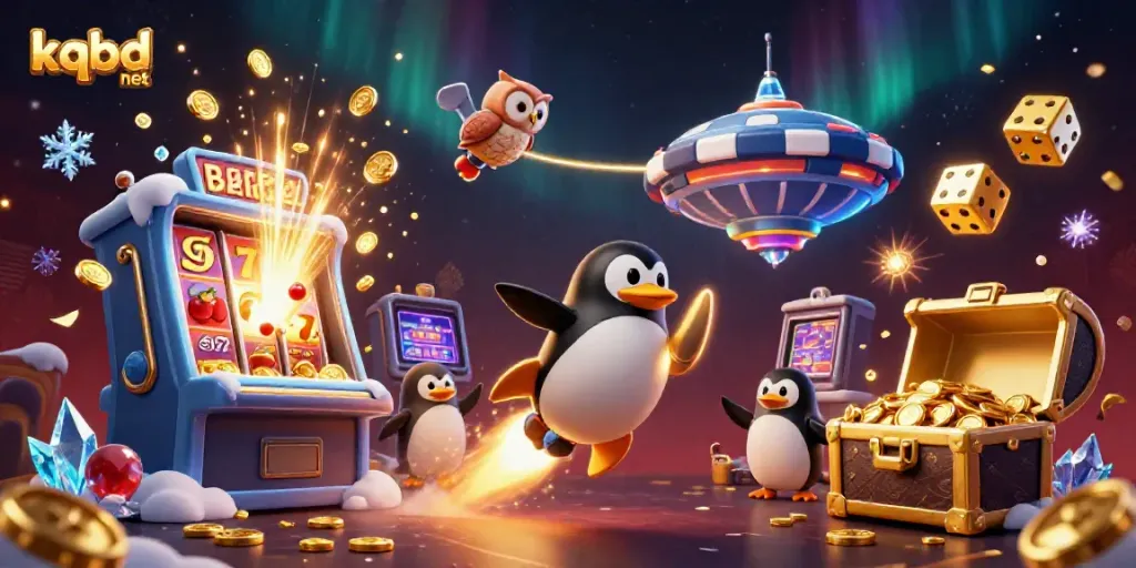Experience thrilling action and rewards with kqbd net's vibrant casino-themed illustration featuring a golden penguin.