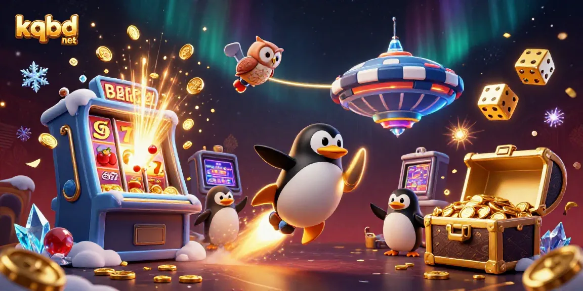 Experience thrilling action and rewards with kqbd net's vibrant casino-themed illustration featuring a golden penguin.