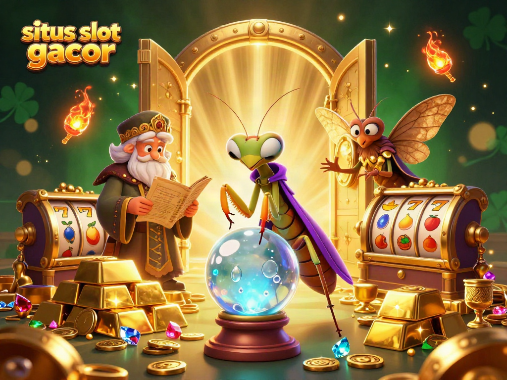 Engage with situs slot gacor as a praying mantis fortune teller unveils slot treasures in a vibrant casino.