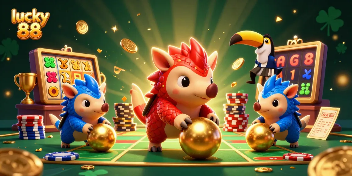 Experience the excitement of lucky 88 with rival pangolins bowling golden balls amid slot reels and poker chips.