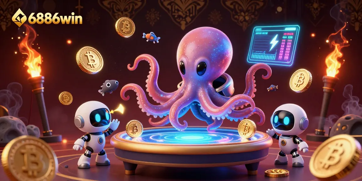 Engage in thrilling fish shooting with 6886win's vibrant gameplay featuring an alien octopus and robot companion.