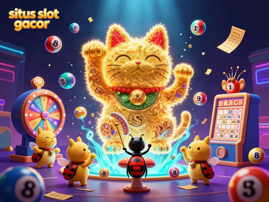 Engage in the excitement of situs slot gacor with this vibrant 3D scene of a lucky cat and colorful casino elements.