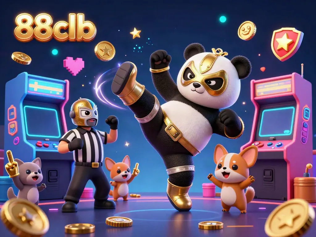 Experience the thrilling excitement of 88clb with a dynamic 3D rendition of a panda wrestler and a chihuahua referee in a lively casino setting.