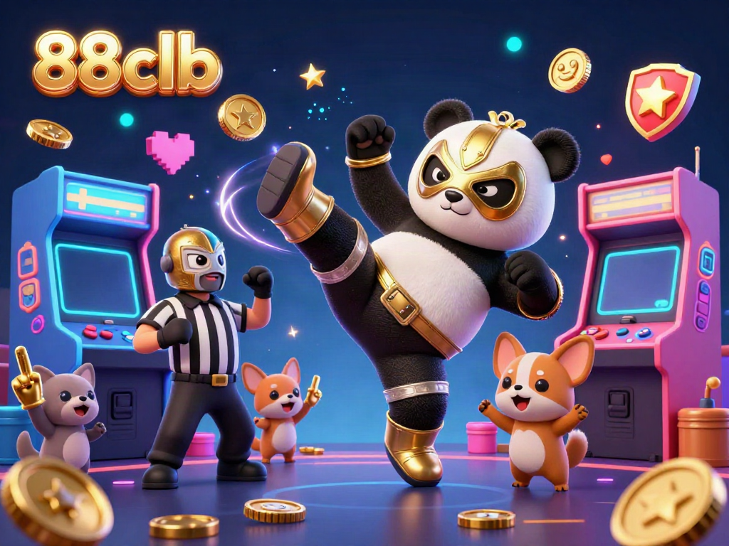 Experience the thrilling excitement of 88clb with a dynamic 3D rendition of a panda wrestler and a chihuahua referee in a lively casino setting.