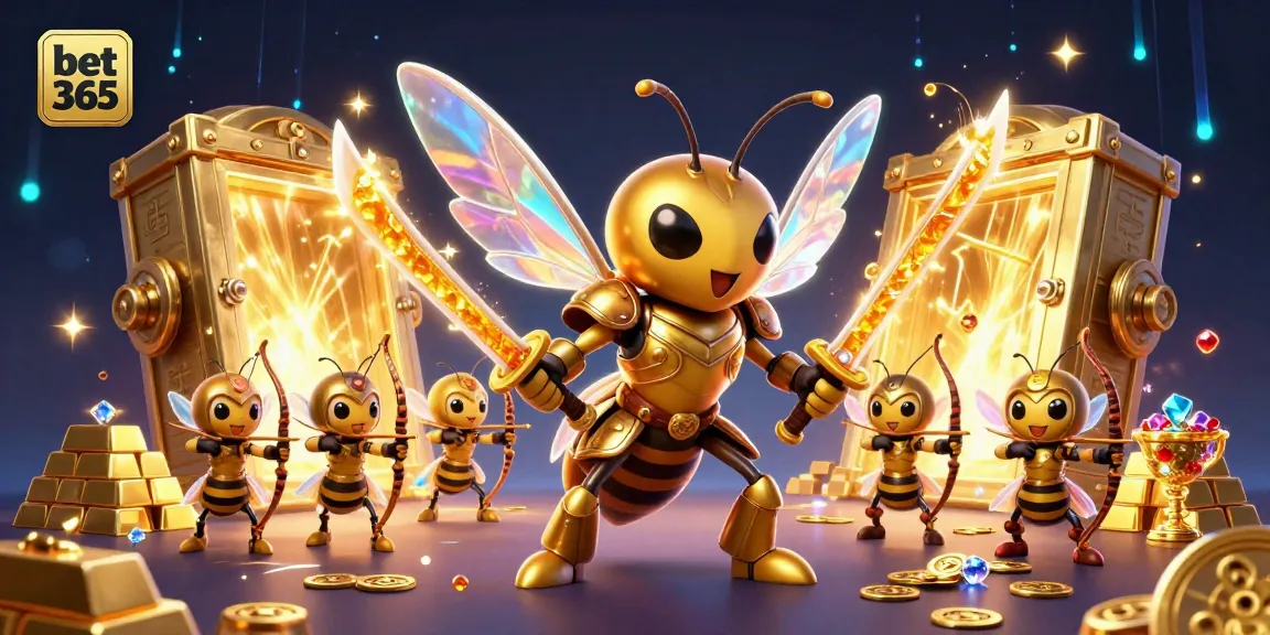 Engage in thrilling gaming action with bet 365's vibrant casino scene featuring a giant golden hornet and treasure.