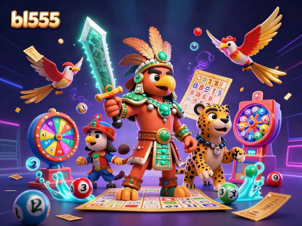 Engage with bl555's vibrant lottery scene featuring 3D characters, colorful balls, and golden game elements.
