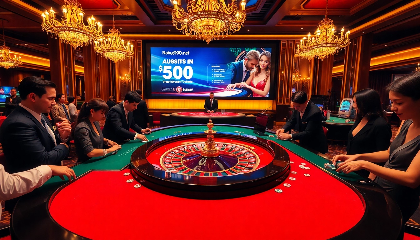 Players excitedly engage with the roulette table at a luxurious casino experience on nohu900.in.net.
