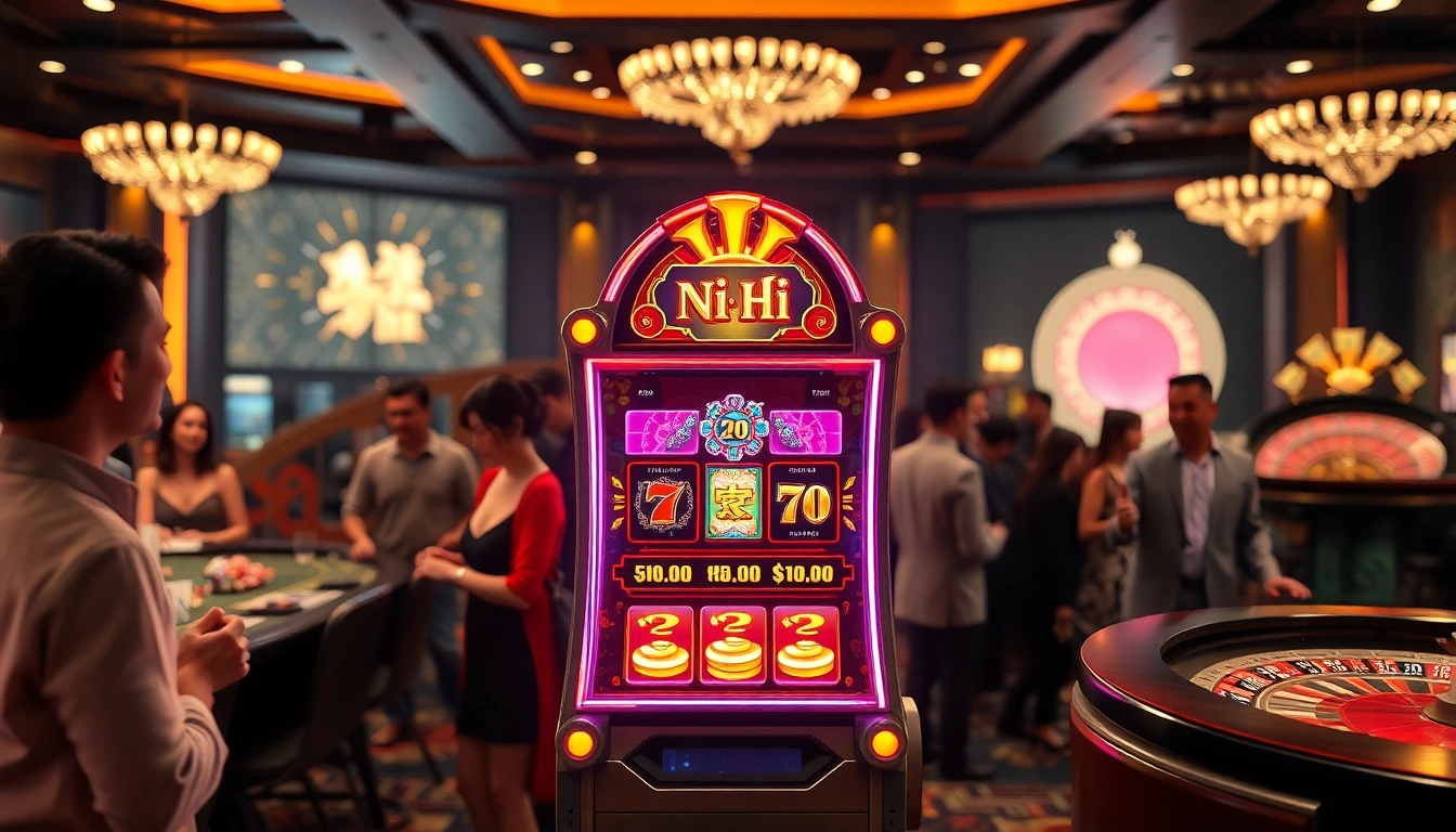 Nổ Hũ Jackpot slot machine lighting up the casino with players immersed in the game.