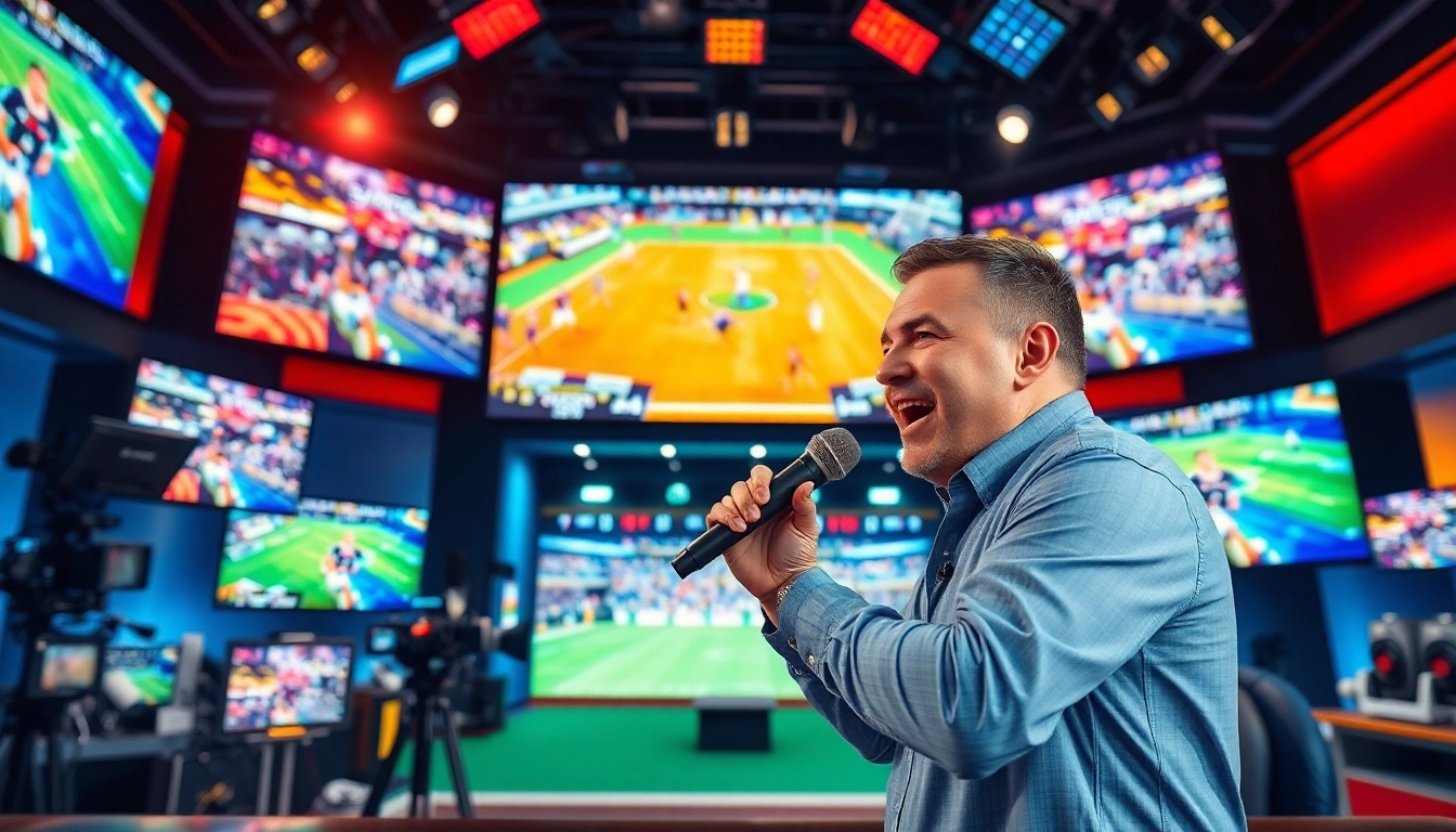 Engaging sports broadcasting studio scene capturing live events and an enthusiastic host.