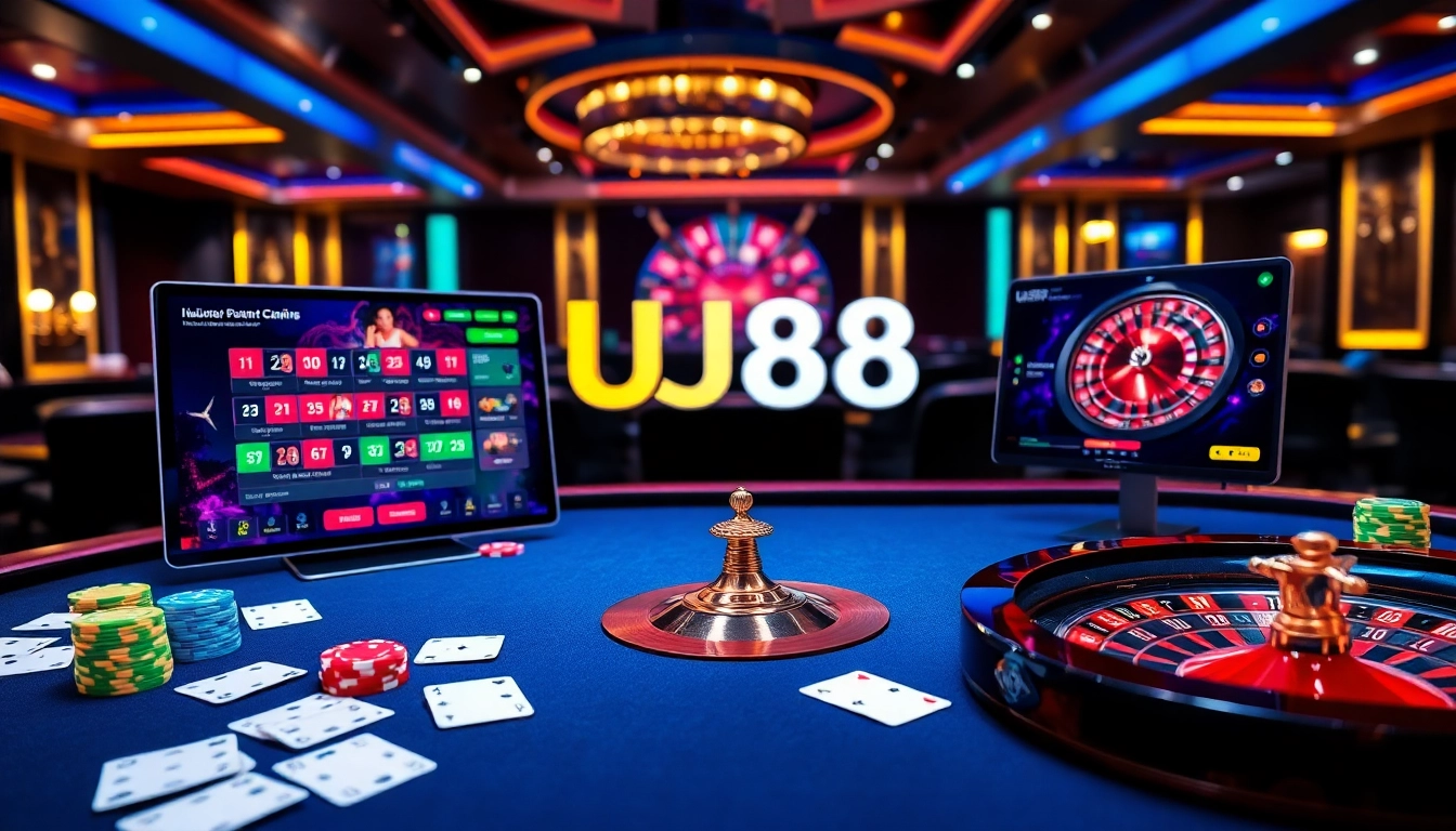 Experience thrilling gaming at UU88 with a vibrant casino setting featuring roulette and poker.