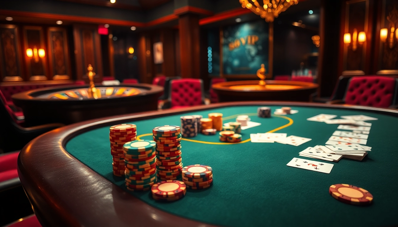 Experience the luxury of 68VIP with vibrant poker chips and a roulette wheel, symbolizing high-stakes gambling.