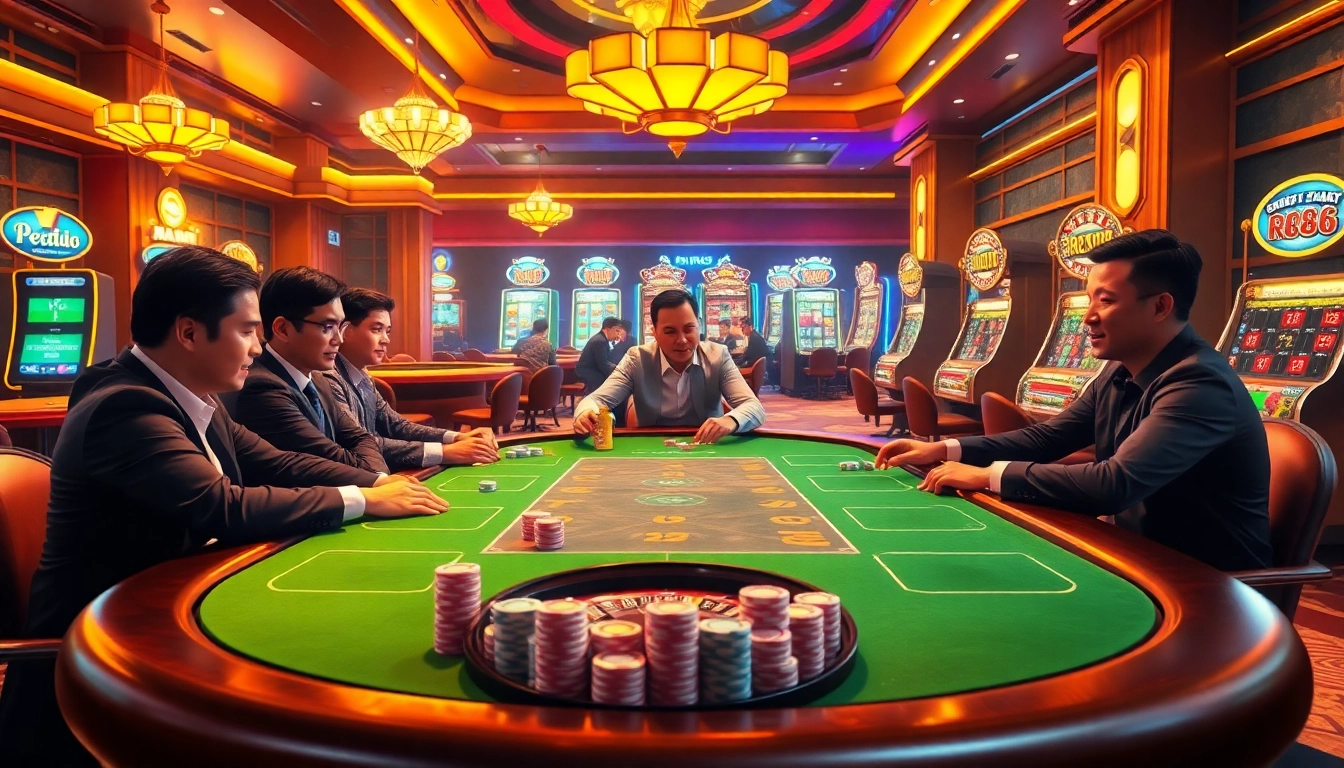Exciting rr88 mov online casino scene with vibrant casino tables and lighting.