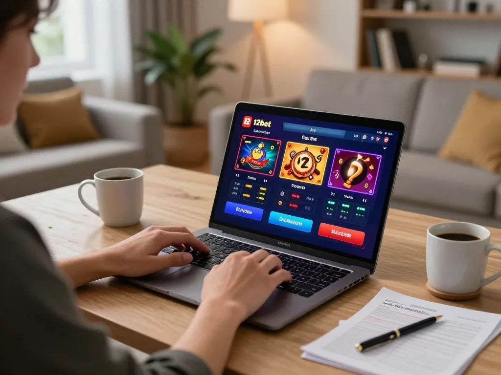 Player enjoying a game on 12bet online casino on a laptop in a cozy living room.