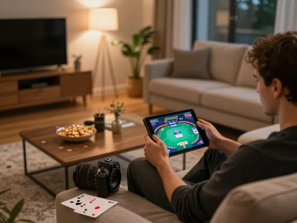 KJC player enjoying online poker at home, engaging in responsible gaming practices with ambient light.