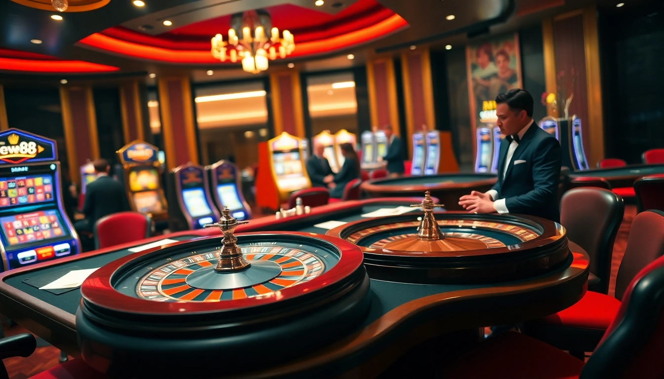 Experience the thrill of new88 with a premium casino table featuring roulette, poker chips, and vibrant slot machines.
