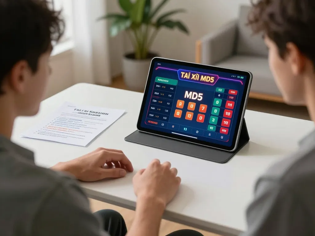 Player engaging with Tài Xỉu MD5 game on a tablet, showcasing strategic gameplay