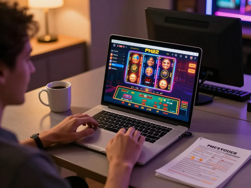 Engaged player at https://ph22.net.ph/ enjoying online casino games with vibrant slots and live dealer action.