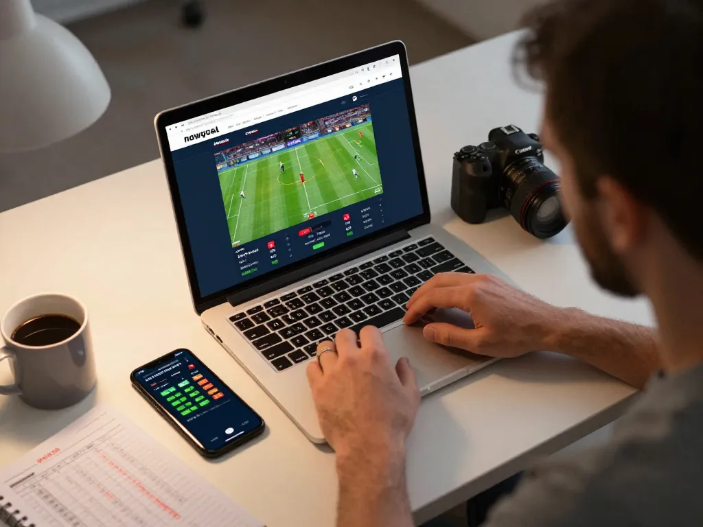 Engaging sports betting on nowgoal website, showing user with laptop and smartphone, strategic gaming atmosphere.