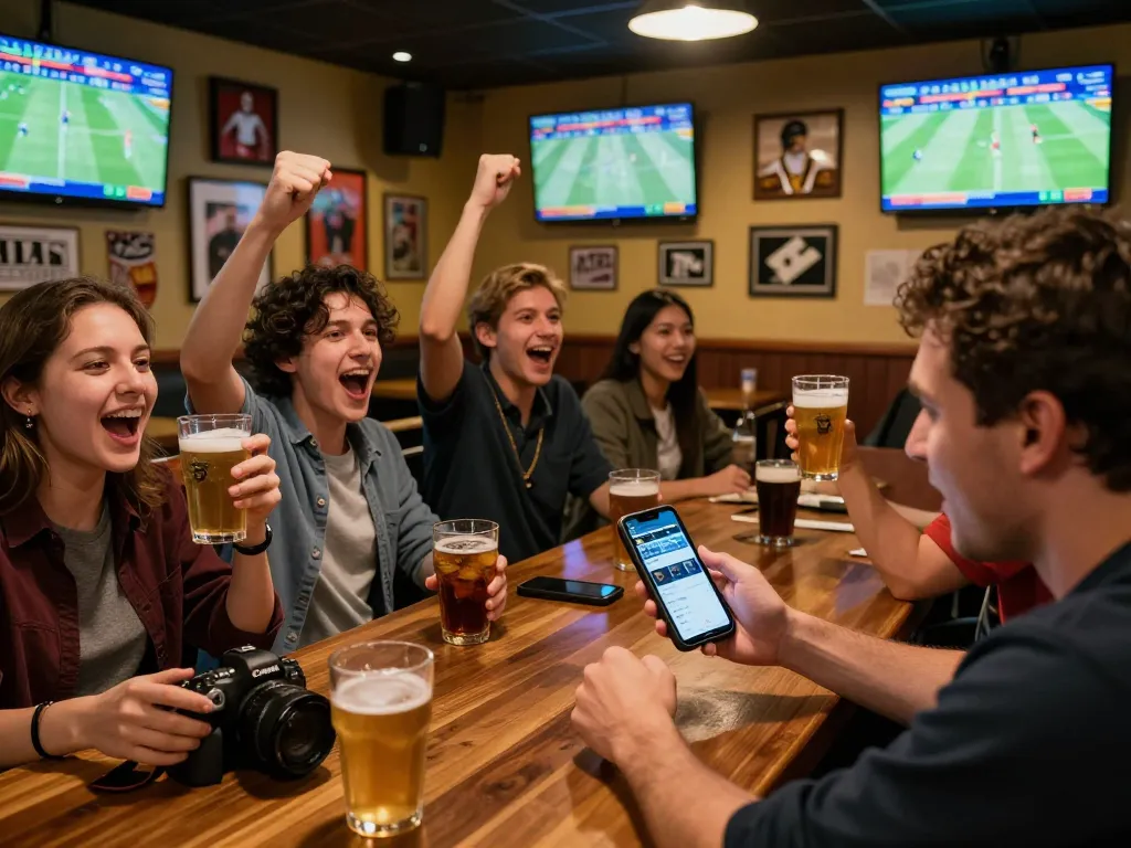 Enjoying live sports betting on Fun88 app at a lively sports bar with friends and excitement.