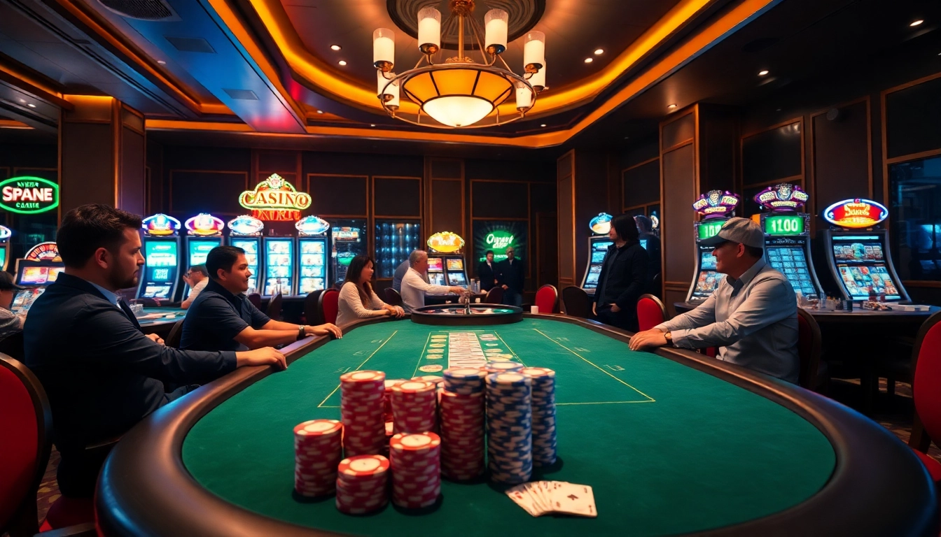 Experience the thrill of nk88 win at a luxury casino, featuring poker tables, vibrant slot machines, and enthusiastic players.