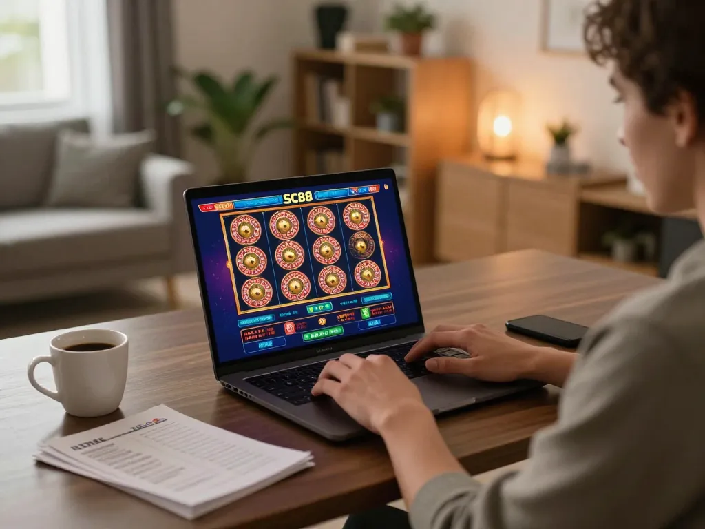 Engaging in SC88 online gambling with vibrant slots and roulette displayed on a laptop at home