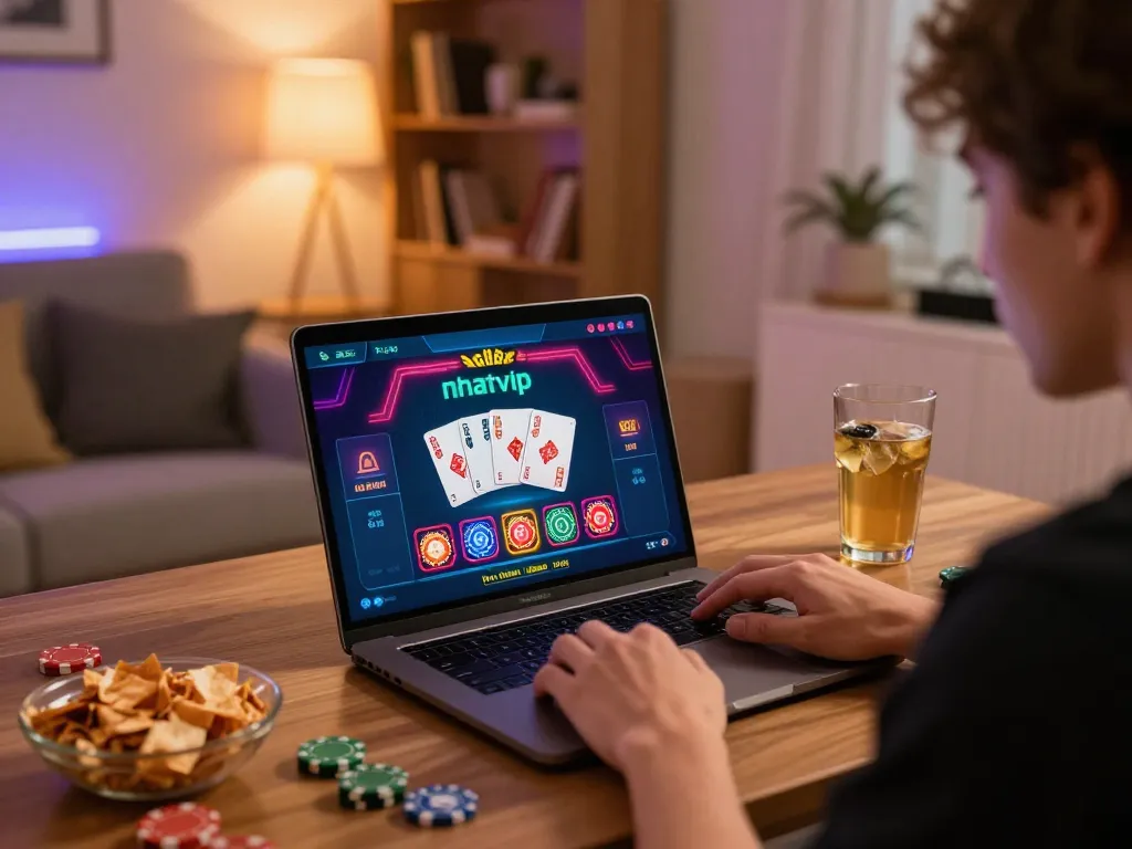 Engaging with nhatvip online gambling interface on a laptop during a cozy home gaming session.