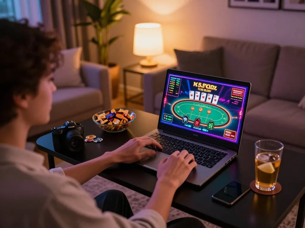 Engaged player enjoying a b52 club poker game from home, showcasing a cozy gaming setup and excitement