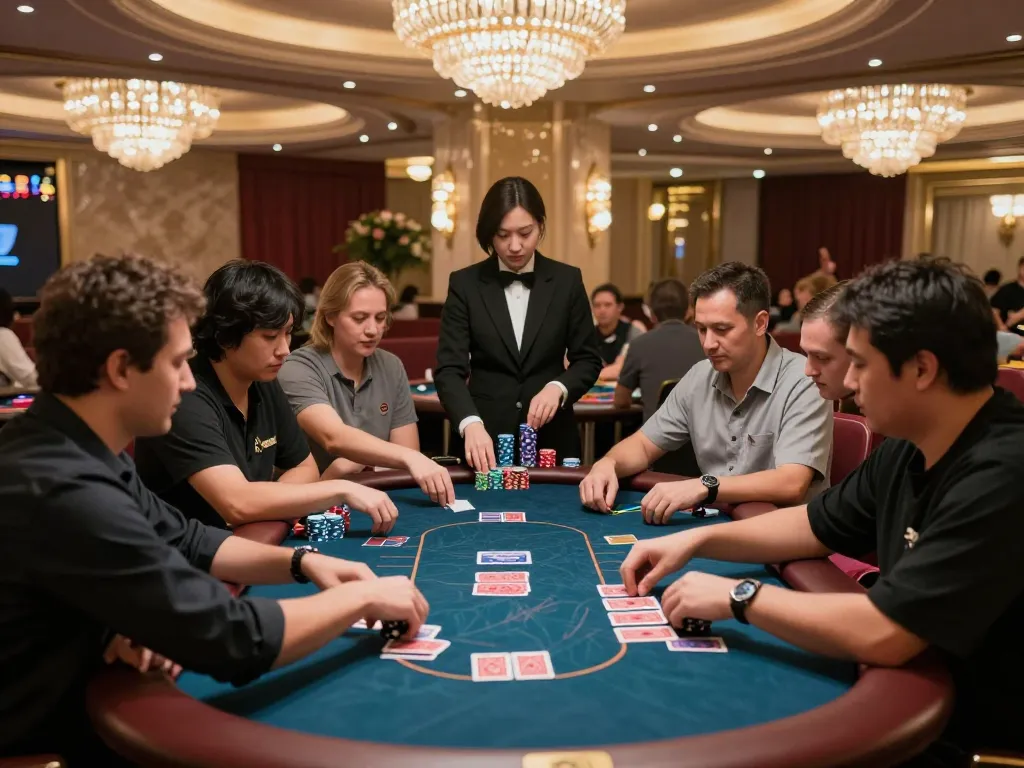 Players enjoying poker at Shbet casino with professional dealers, chips in play.