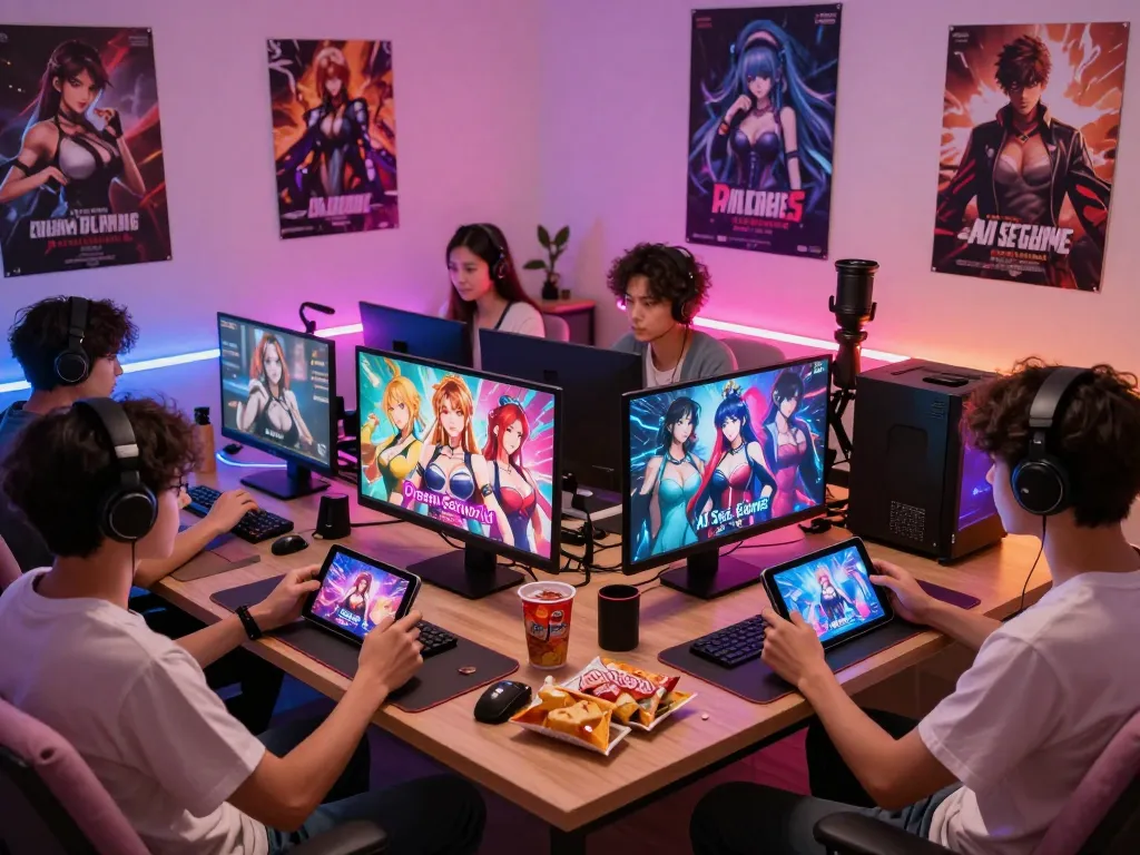 Engaged players enjoying hentai games in vibrant gaming nook.