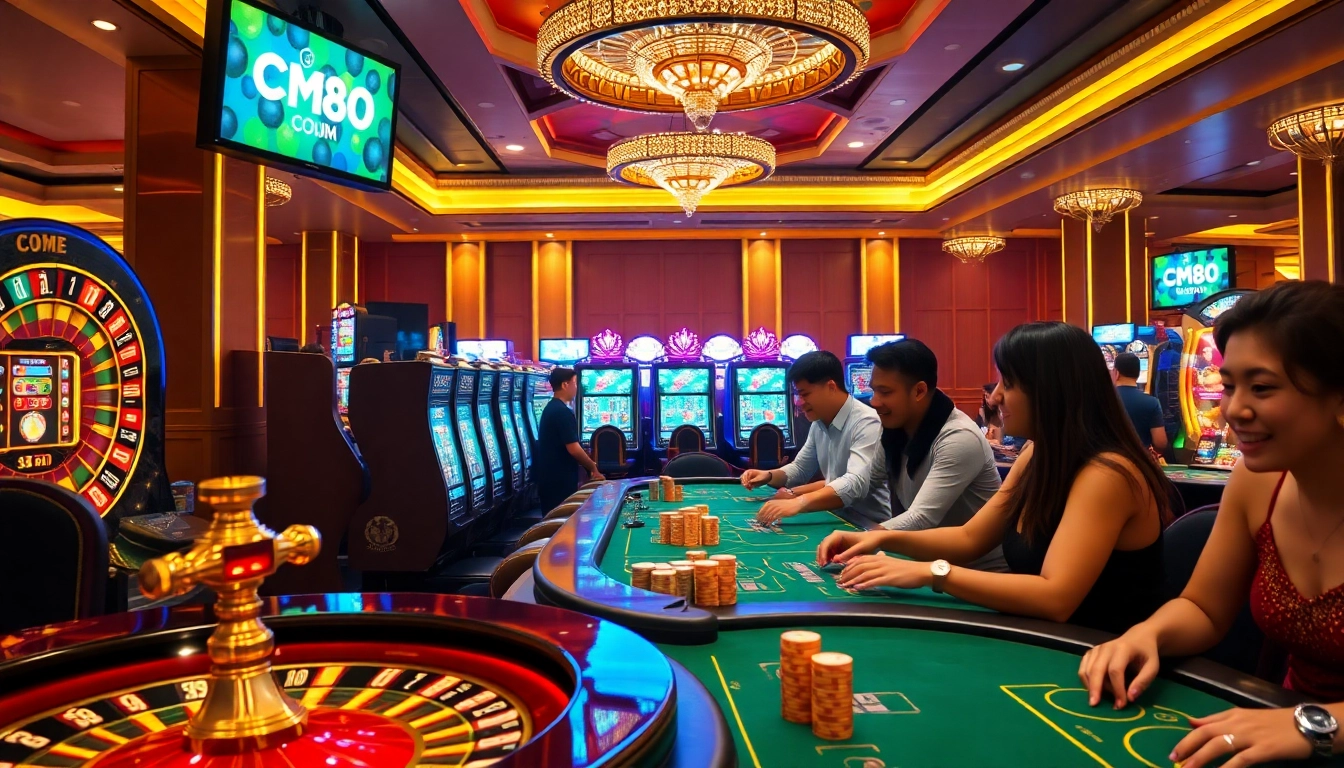 Players enjoying a thrilling game at CM88 COM's luxurious casino tables with vibrant chips and roulette.