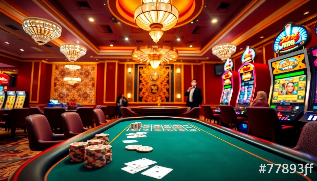 Players engaged in thrilling poker action at 789f casino, surrounded by vibrant slot machines.