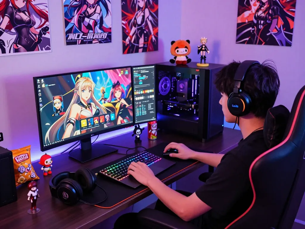 Engaging player enjoying a hentai game on a vibrant gaming laptop with anime decor.