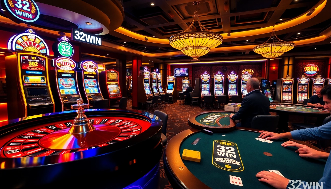 Experience the thrill of winning at casino tables with 32 WIN among vibrant gaming elements.