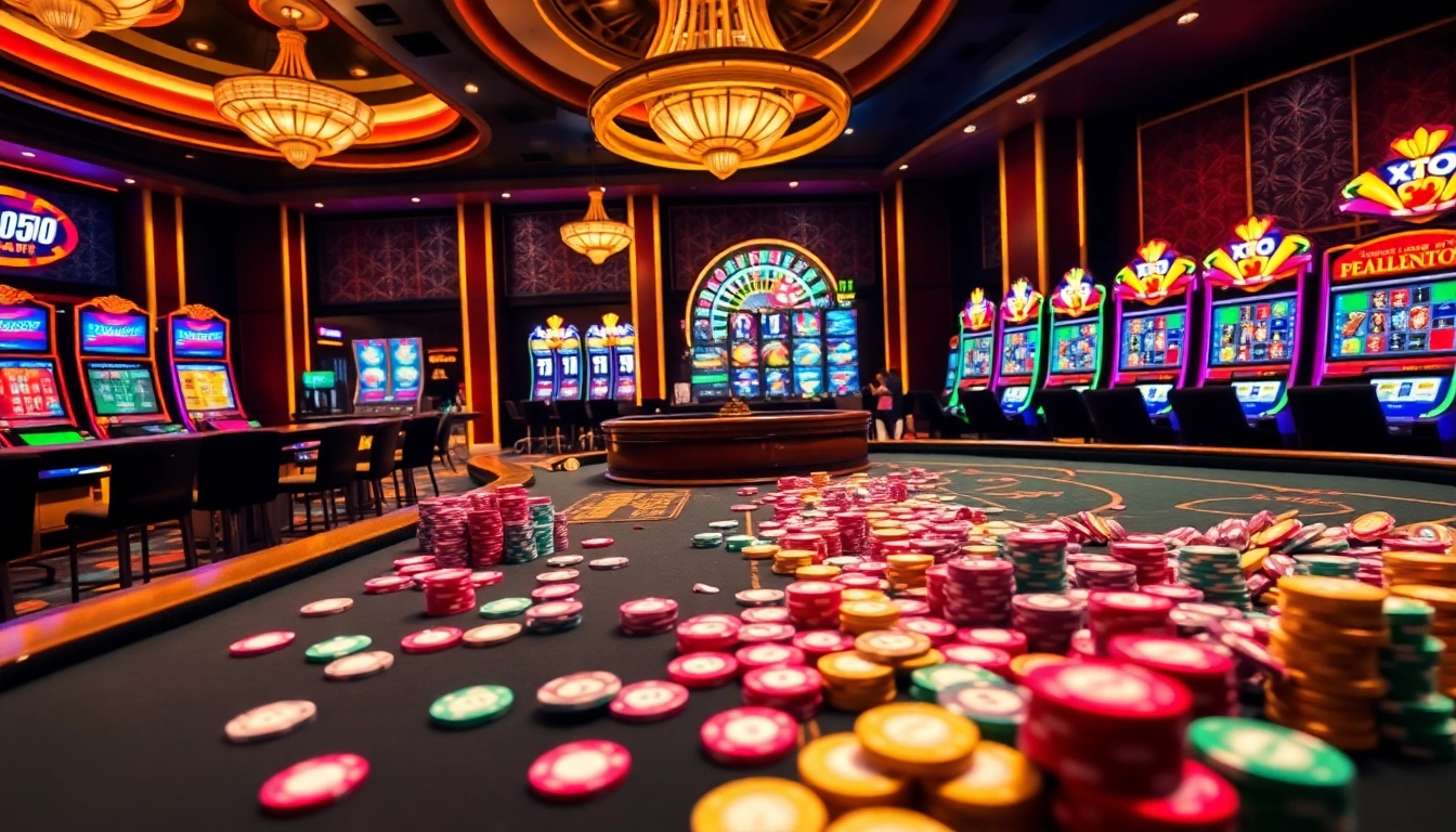 Exciting gambling scene at https://9bet89.com/, featuring vibrant poker chips and a roulette wheel.