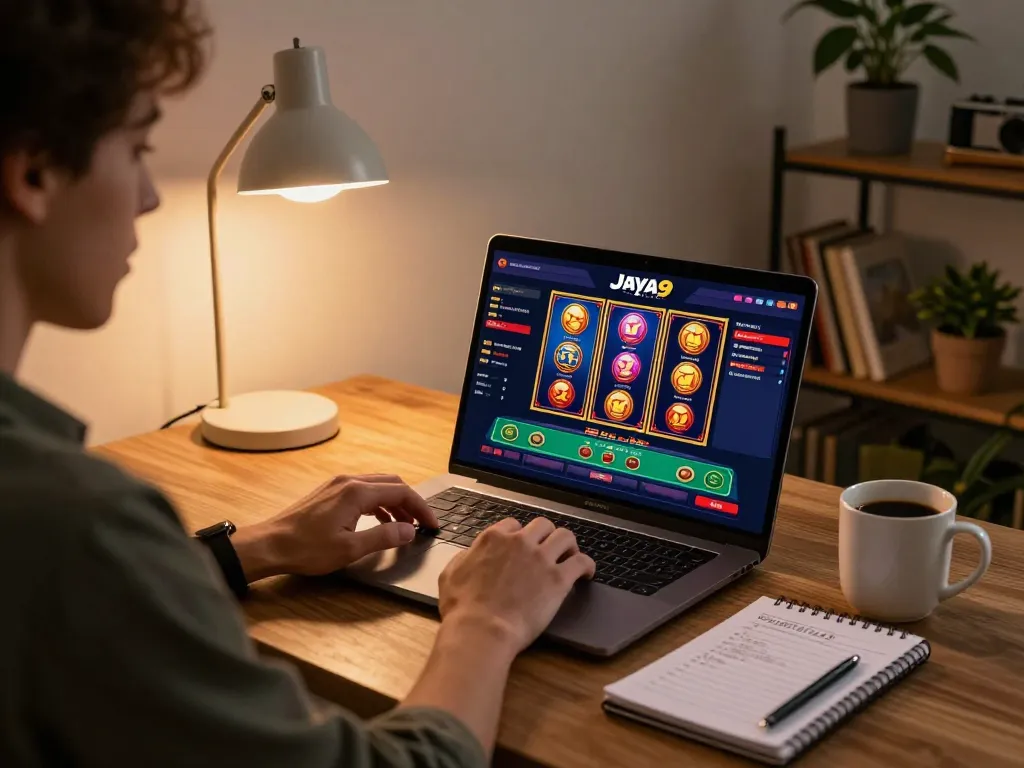 Enjoying live gameplay at Jaya9 Casino on a laptop in a cozy living room gaming setup.