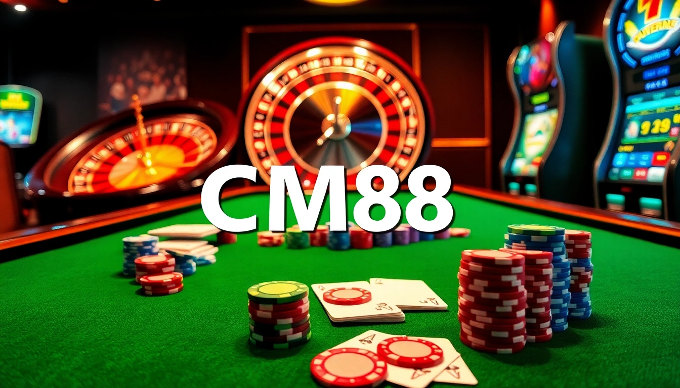 CM88 casino scene with poker chips and playing cards on a green felt table.