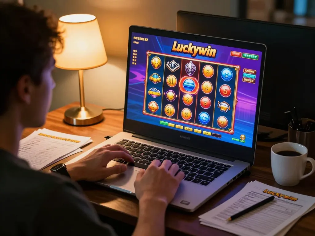 Engaging with online casino games at Luckywin, showcasing gameplay on a laptop in a cozy home setting.
