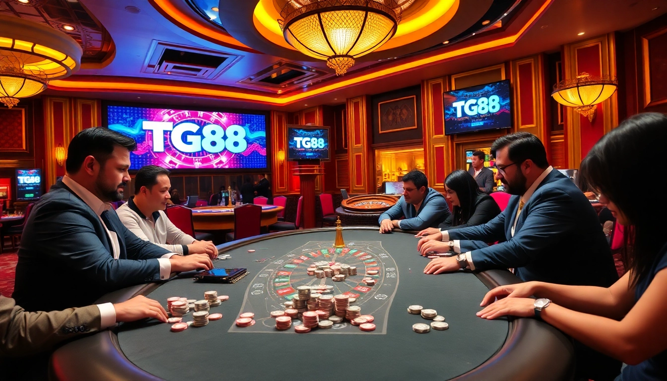 Experience thrilling gameplay at TG88's luxurious casino atmosphere with poker chips and a roulette wheel.