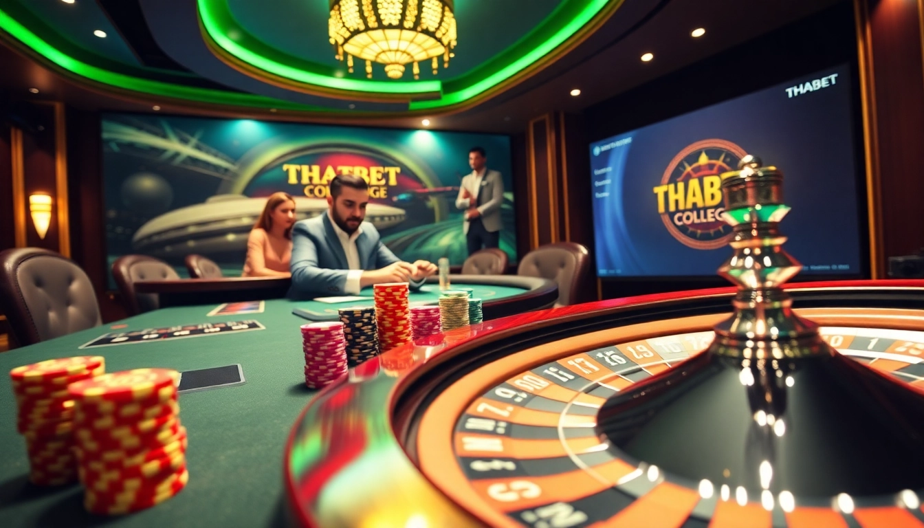 Exciting gambling scene at Thabet College poker table with vibrant chips and a roulette wheel.