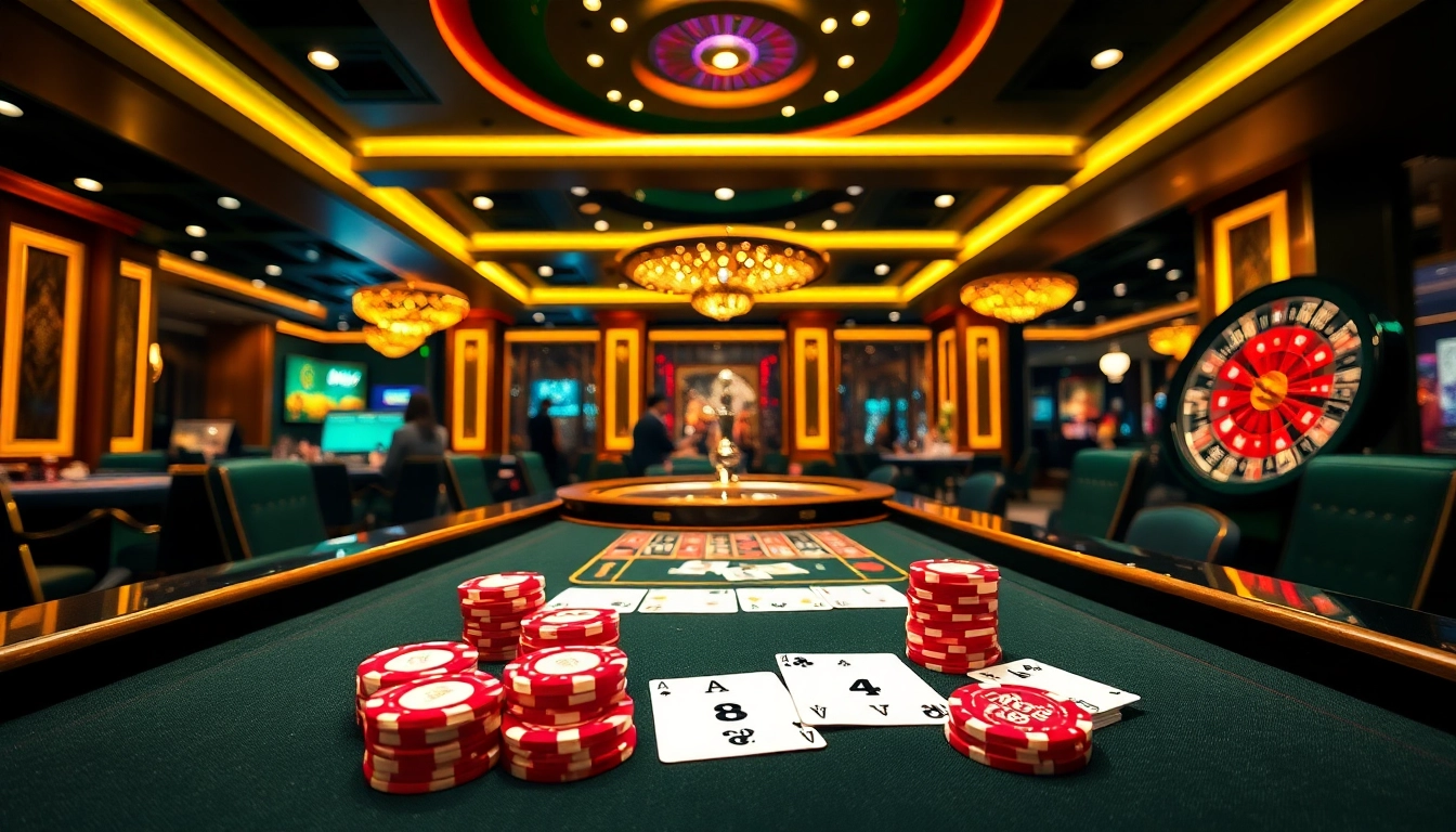 New88 players enjoying an exciting round at a luxury casino table with vibrant poker chips.