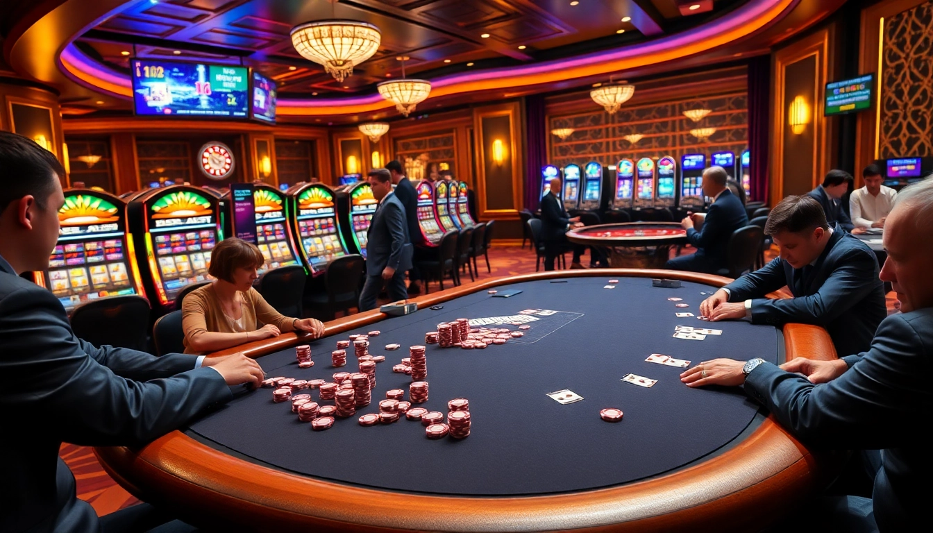 Players engaging in high-stakes poker at https://thabets.it.com/ casino table, colorful chips and a lively atmosphere.