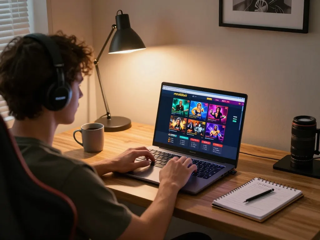 Strategic online gaming scene showing a player engaging with mm88bet casino platform in a cozy home setting
