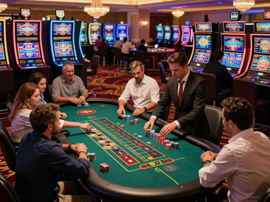 Players enjoying gaming at the Trang chủ KONG88 casino, showcasing vibrant slot machines and roulette action