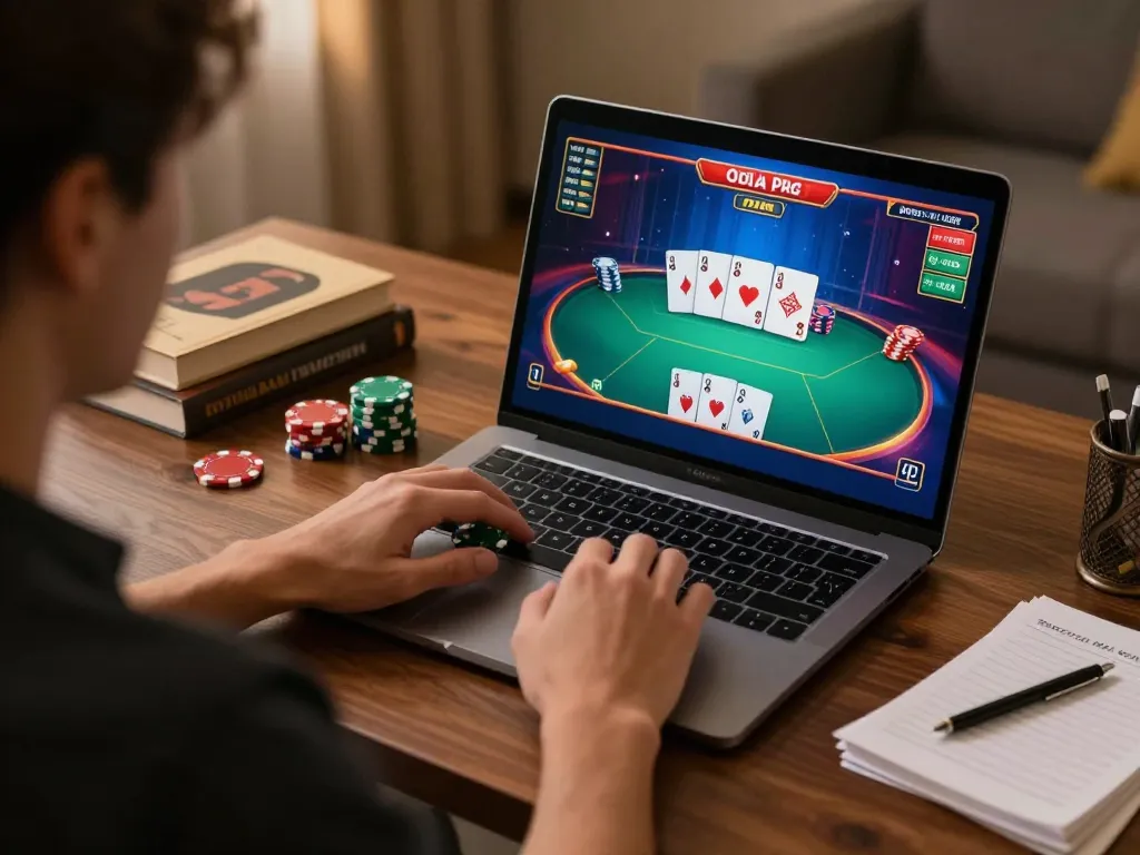 bl555 player using laptop for poker, showcasing strategies, and engaging in online casino gaming.