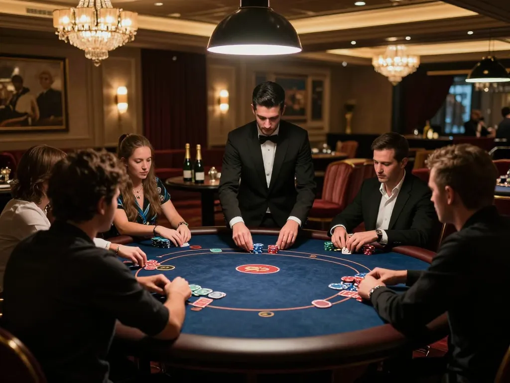 Players enjoying high-stakes poker in an O8 Casino luxury setting, surrounded by elegant decor.