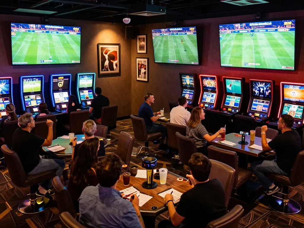 SOCOLIVE captures excitement in a sports betting lounge with live soccer matches.